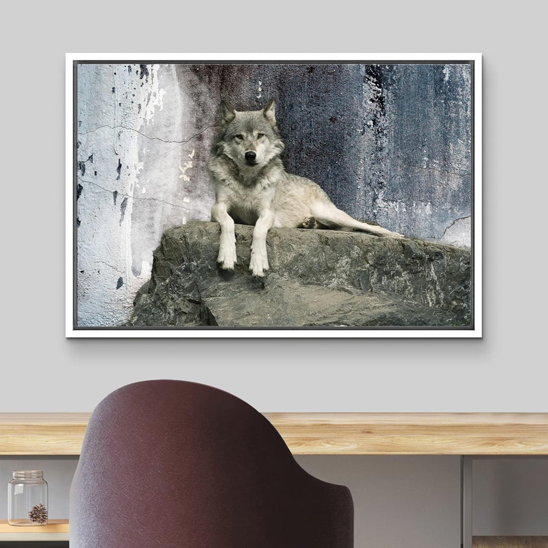 Animals " A Wolf Laying On A Boulder ", White Framed, 24'' H x 36'' W