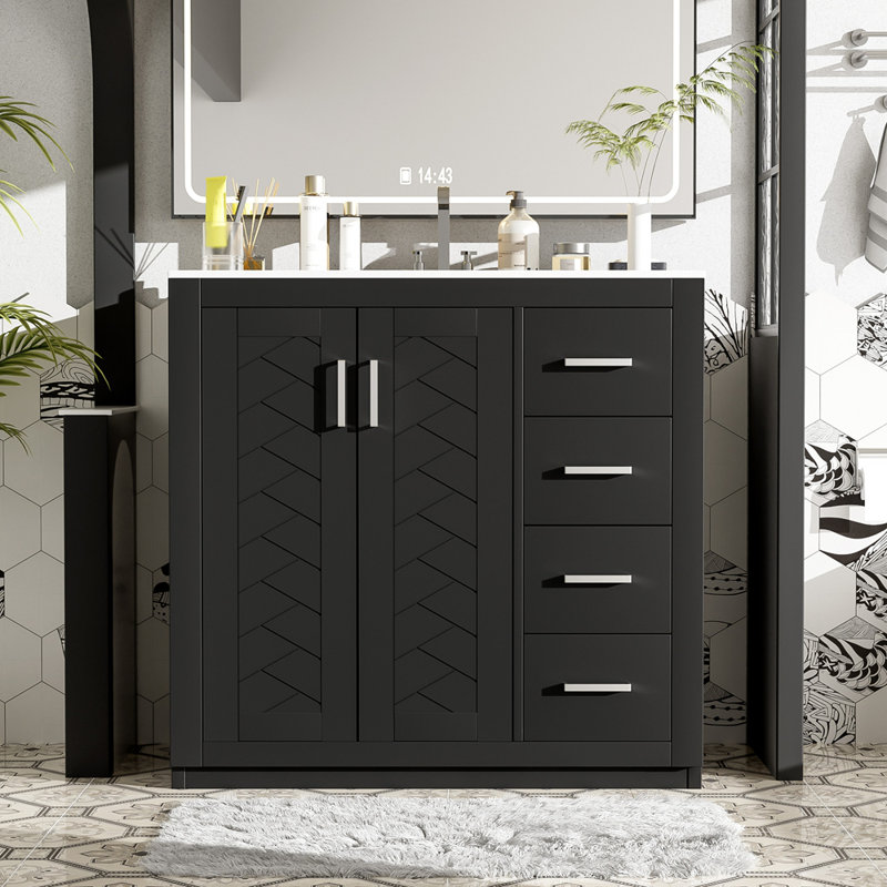 Meuble-lavabo en bois massif durable avec lavabo en céramique et beaucoup de rangement parfait pour les salles de bain modernes