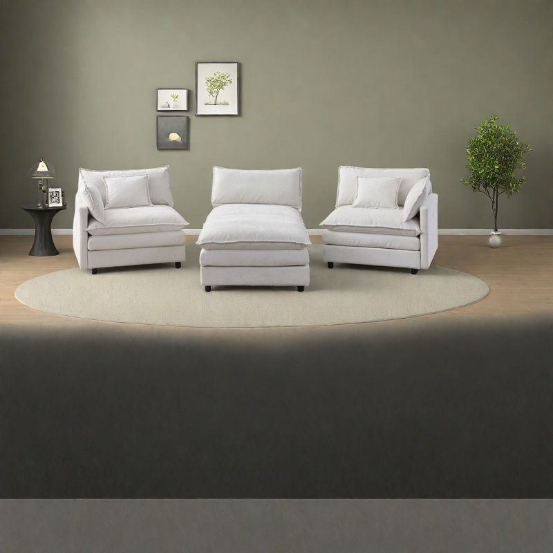 Canapé modulaire en L avec repose-pieds en chenille beige spacieux pour la maison