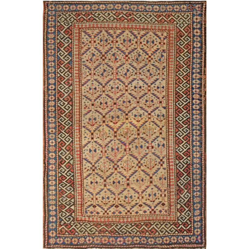 Light Cream Color Antique Caucasian Tribal Geometric Shirvan Rug