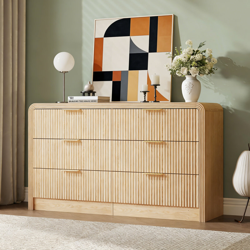 55'' Fluted 6-Drawer Dresser & TV Stand, Modern Wood Chest of Drawers with Wave Texture for Living Room or Bedroom, Oak
