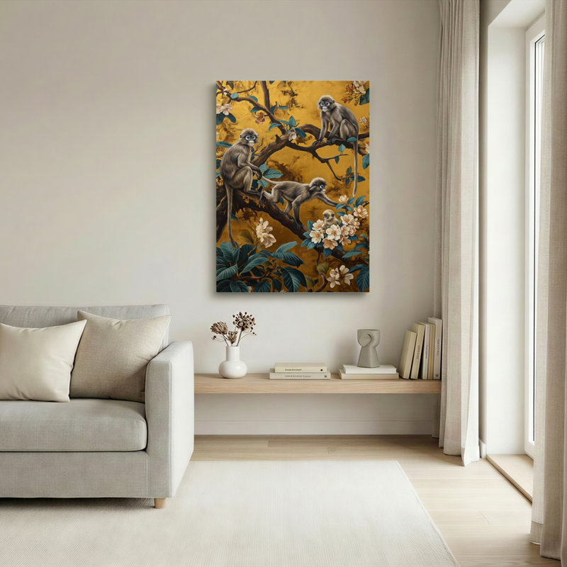 Ensemble de 1 tableau sur toile à motif floral et singe, 24"H x 16"W, Wrapped Canvas