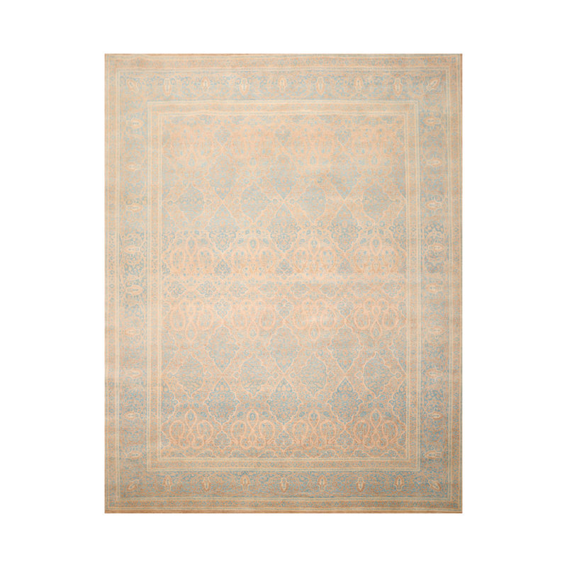 Tapis décoratif en laine noué à la main de conception unique 8 pi 1 po x 10 pi Fadile bleu/brun/beige