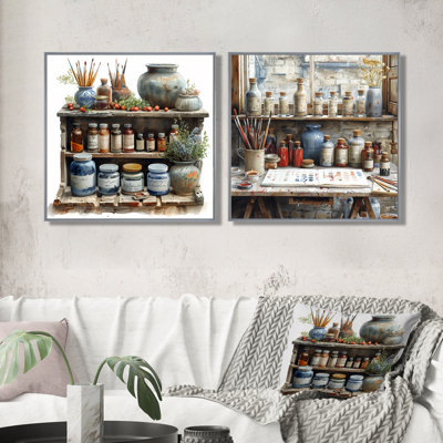 Orange Grey Vintage Artistic Paint Pots I - Boho Pottery Wall Decor - Traditional Wall Art 2 Piece