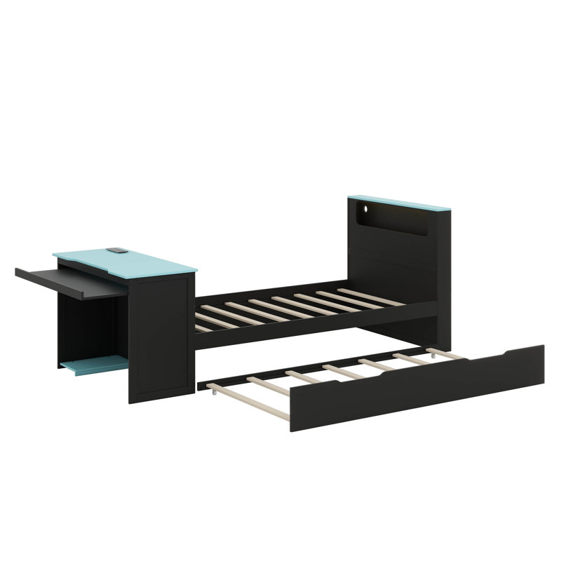 Timber Daybed Comes With A Roll-Out Bed, A Desk, LED Illumination, And A USB Connection, Twin, Black/Blue