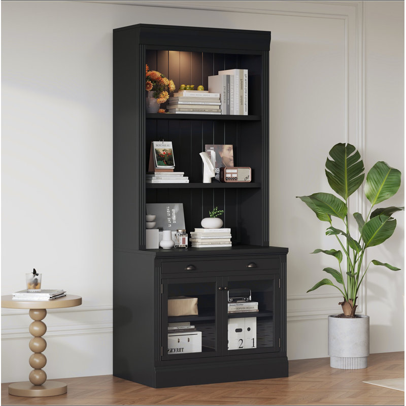 83.4"Tall Bookshelf with LED Lighting, Modern Bookcase with 2 Glass Doors and 1 Drawer,Storage Bookcase with Open Shelves for Living Room,Home Office