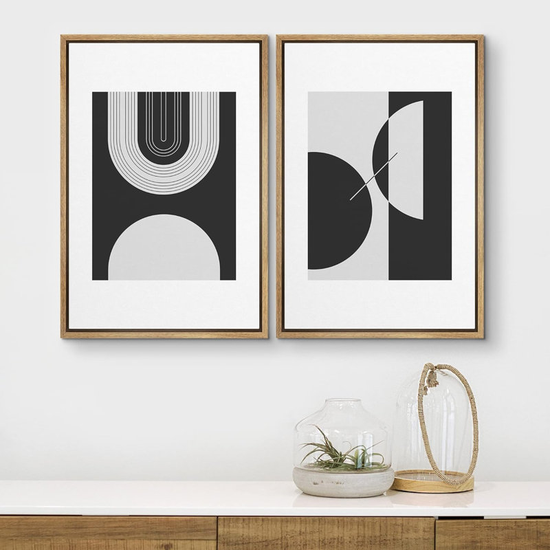 Mid-Century moderne boho noir et blanc demi-cercle arches formes abstraites minimaliste sur toile, 2 pièces