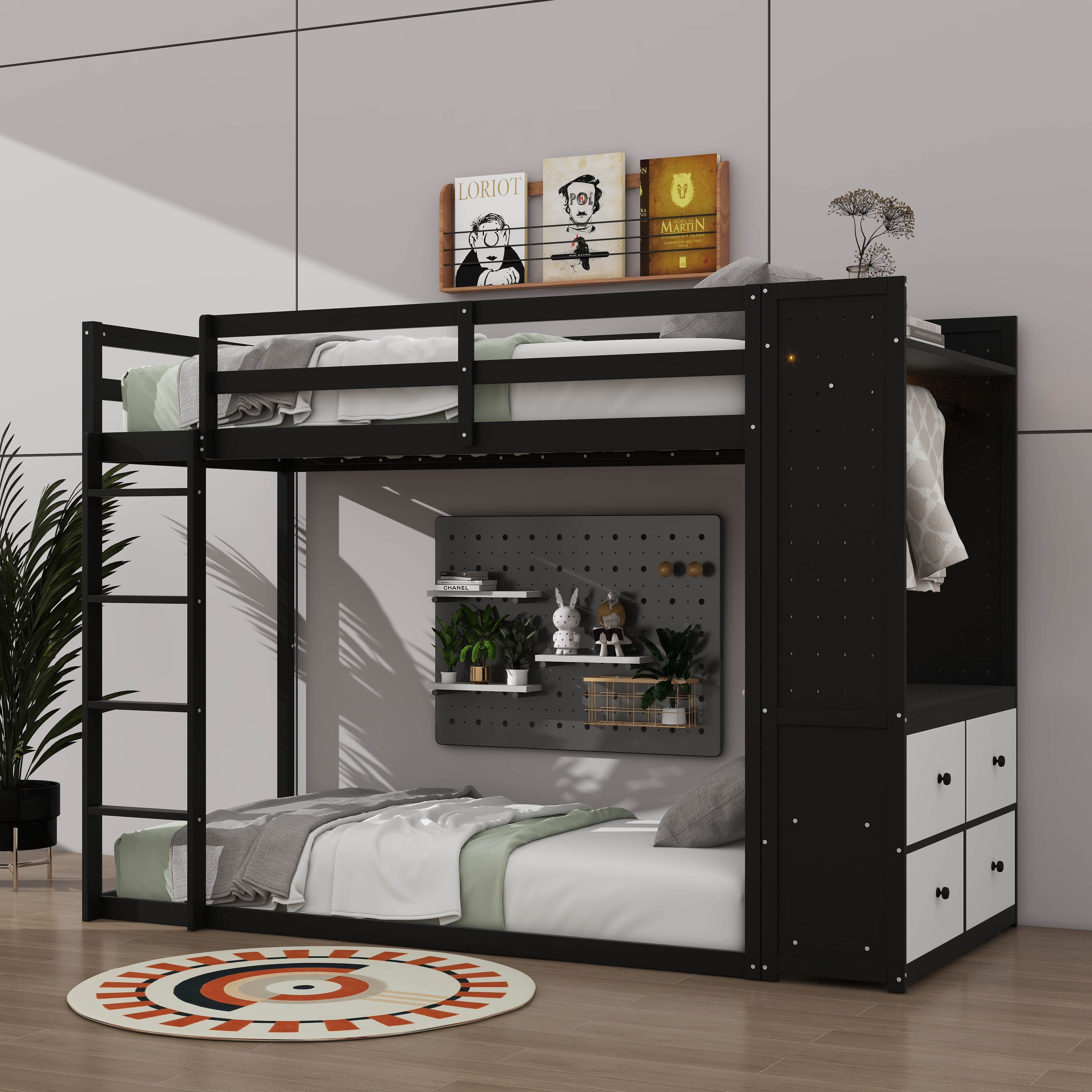 Latitude Run® Twin Size Bunk Bed With 4 Storage Drawers, Hanging Rod ...
