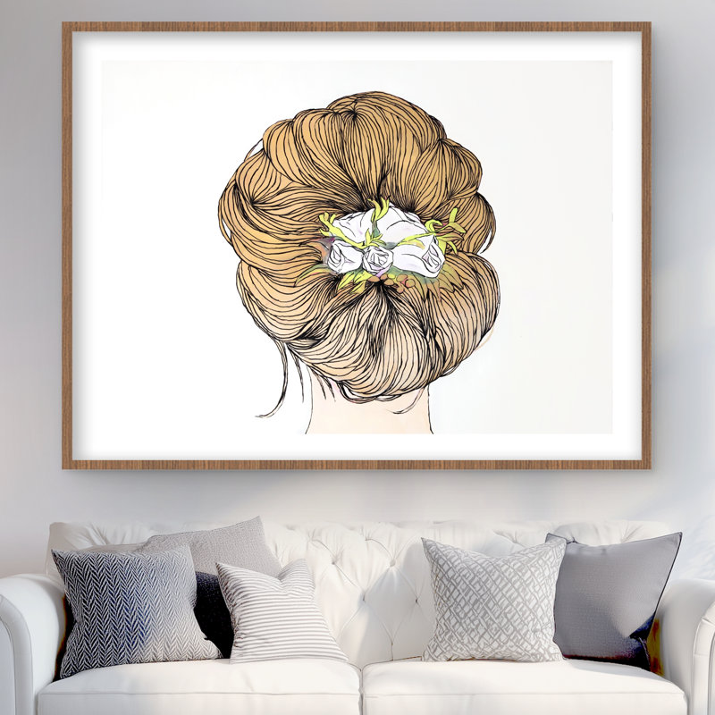 Dame avec des fleurs aux cheveux blonds - impression encadrée avec passe-partout