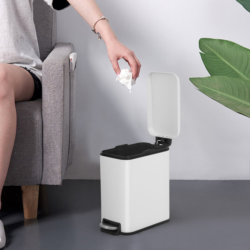 White Rectangular Stainless Steel Pedal Trash Can with Quiet Close Lid
