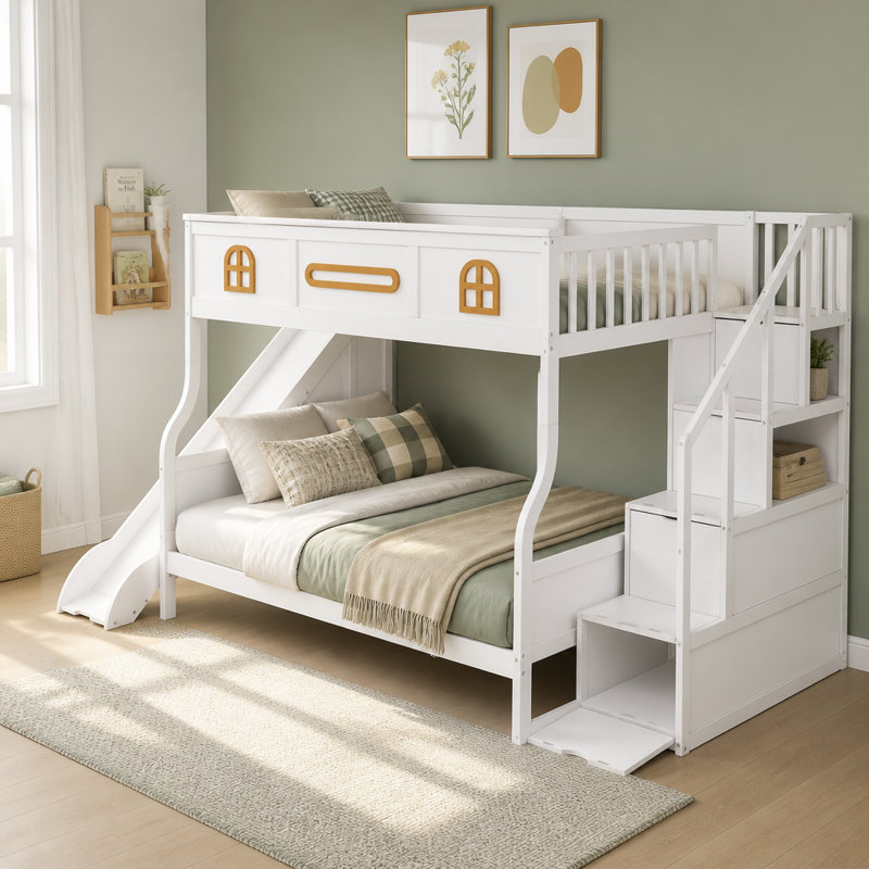 Lit double superposé au-dessus de grand lit double avec glissière et escalier de rangement, blanc, Blanc