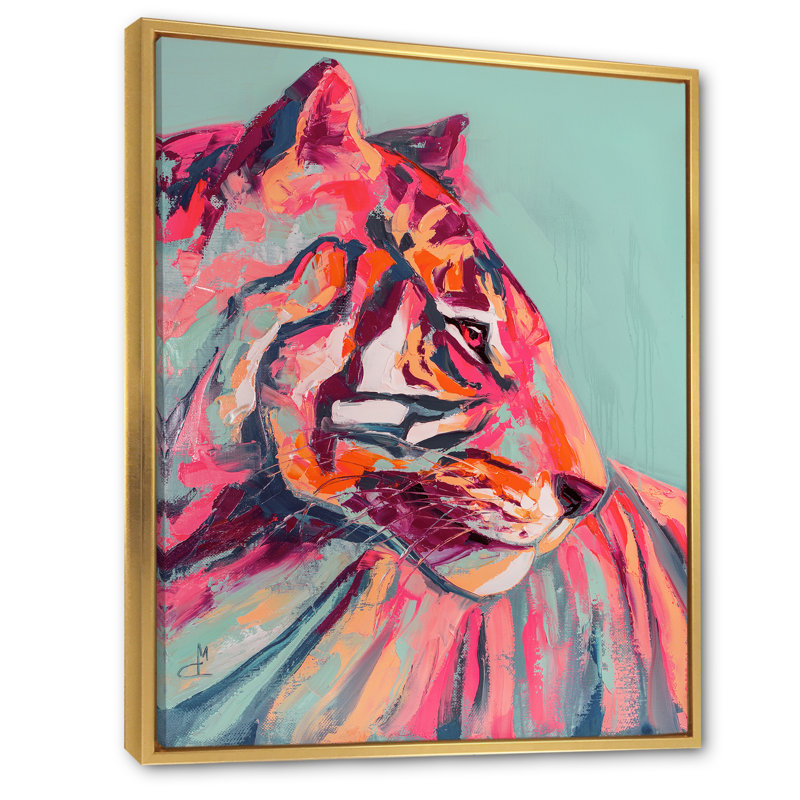 «Pink Tiger Eye Paint Stroke Art VII», art mural animaux, H 12 po x l 8 po, Reproduction avec cadre flottant, Doré