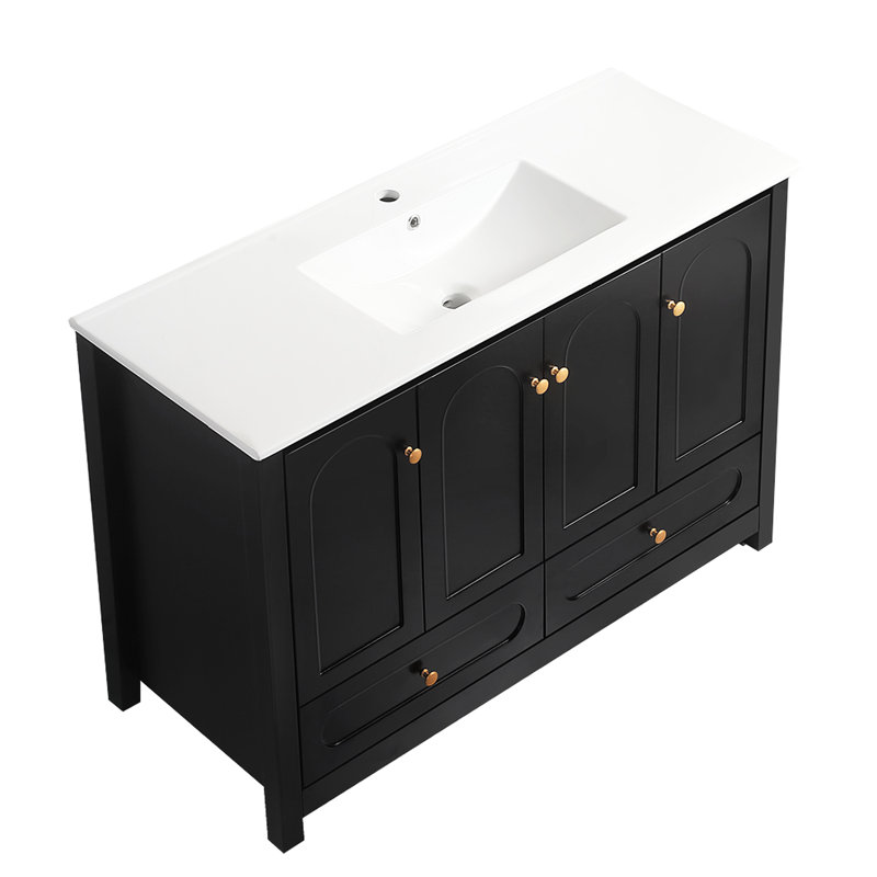 Meuble-lavabo noir de 48 po avec 4 portes coulissantes, 2 tiroirs, une structure robuste en bois massif, une armoire, une fermeture en douceur et un rangement spacieux et transitionnel, des portes à fermeture silencieuse