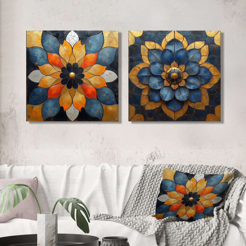 Boho Mandala en carreaux exquis bleus et dorés I - Art mural Mandala Boho - Art mural traditionnel pour le salon 2 pièces