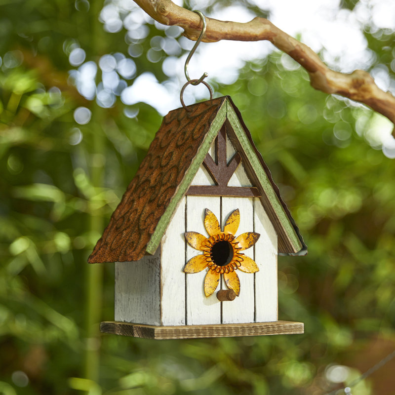 8.25"H Distressed Solid Wood Decorative Outdoor Garden Birdhouse With 3D Metal Roof And Flower