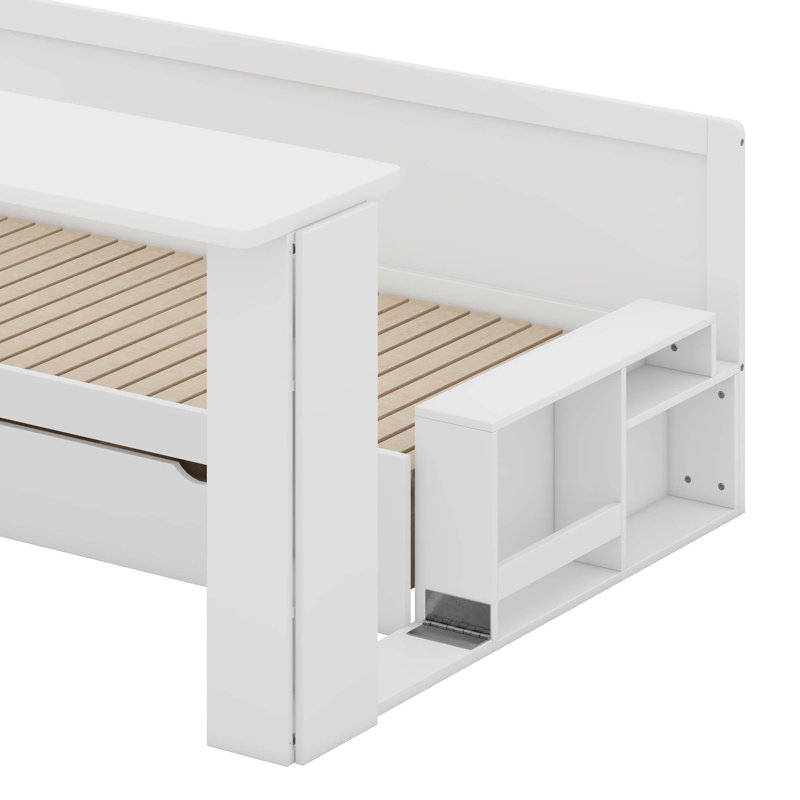 Daybed With Removable Desk, Storage Drawers & Hydraulic Side Table, Full, White