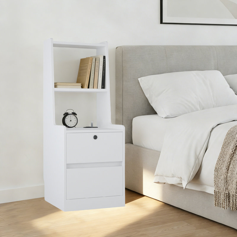 Modern Storage Unit nightstand with Shelves and Integrated USB Night Light,  Lockable Drawer and Adjustable Night Lighting
