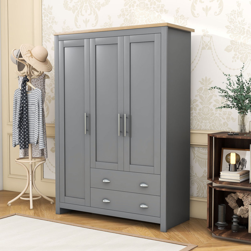 Armoire 3 portes avec 2 tiroirs, 2 tringles et tablettes