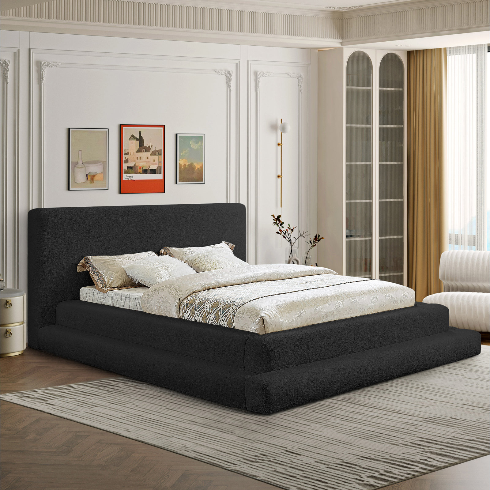 Hoffarth Upholstered Bed, King, Black Faux Shearling Teddy Fabric
