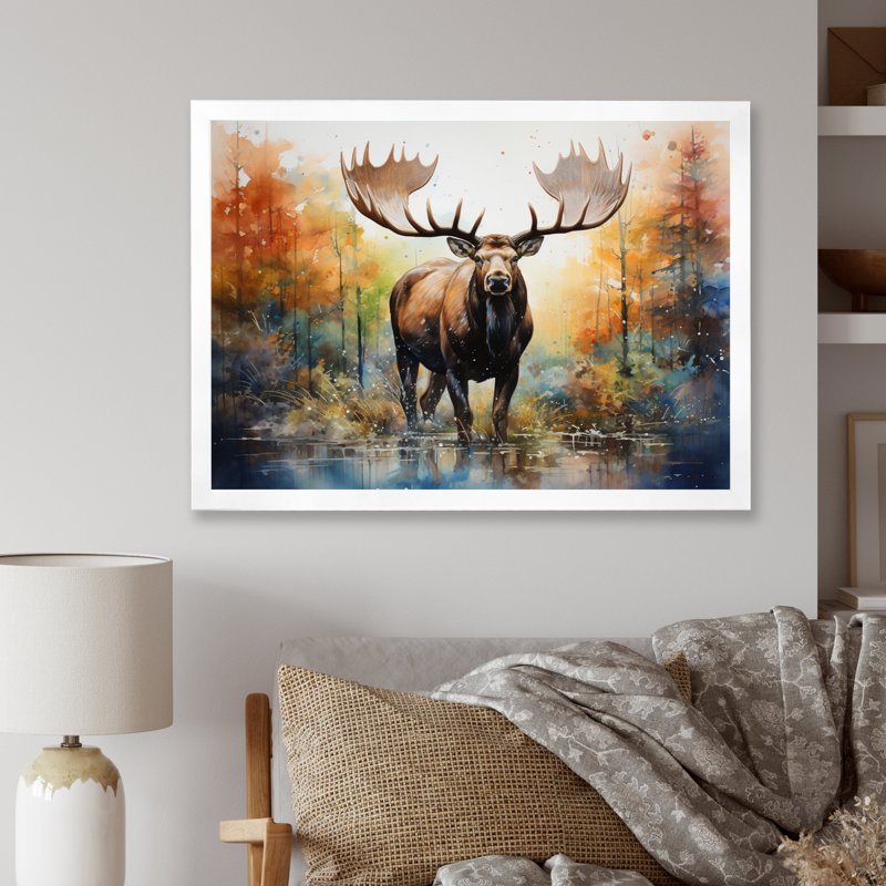 Bernardette Colorful Moose Majestic Pointillism, reproduction d'art sur toile, H 12 po x l 20 po x P 1 po, Cadre simple blanc
