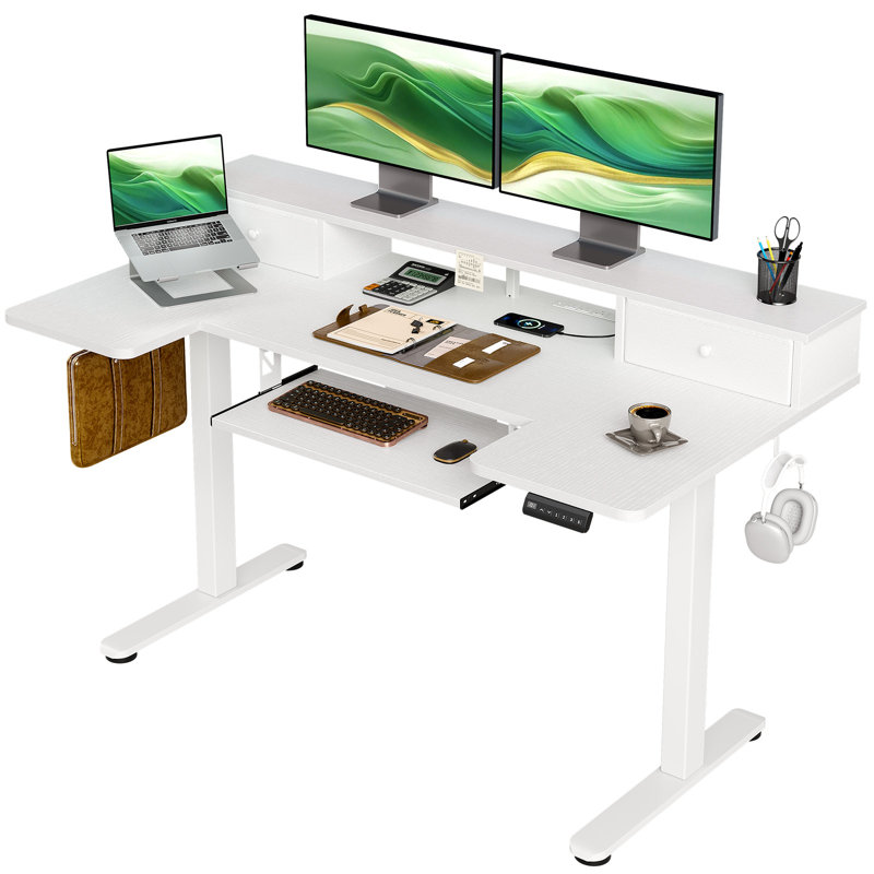 Joyful 55" U Shaped Height Adjustable Desk With Power Outlets & Drawers,Sit Stand Table With Keyboard Tray ＆ Ergonomic Monitor Stand For Home, Office