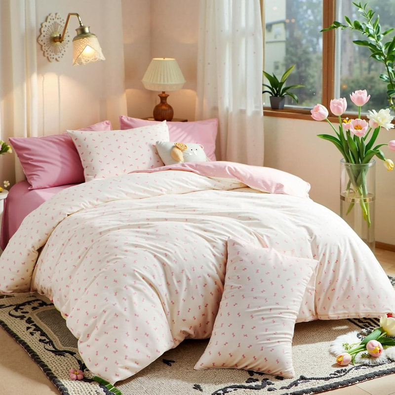 Cotton Bedding Set Ultra Soft Bow Pattern Comforter Cover Bedding Duvet Cover Pink Duvet Cover Set