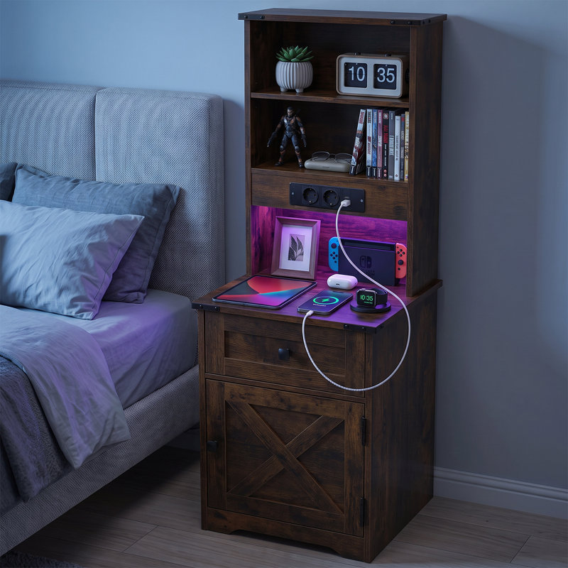 Tall Nightstand with Charging Station, Brown
