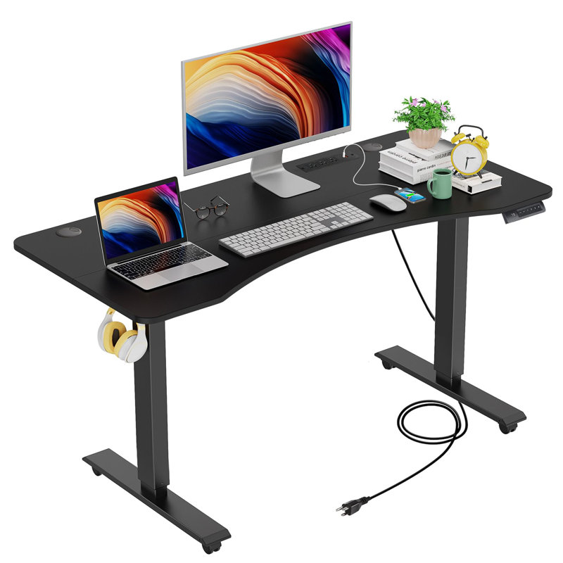 Kashif Electric Height Adjustable Standing Desk With 2 USB Ports, 3 Power Outlets, and 4 Casters, 2 Hooks, Black