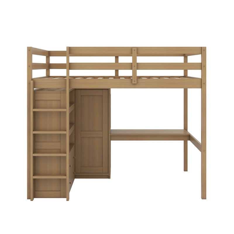 Lit mezzanine double avec bureau, garde-robe, tablettes et tiroirs, Noyers