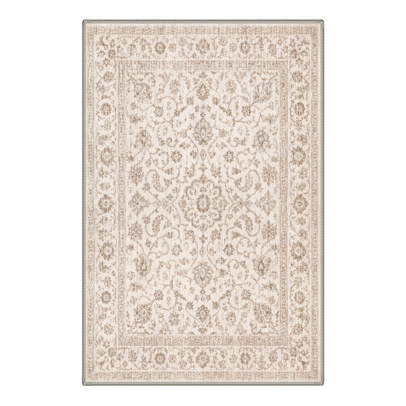 Paillasson oriental traditionnel ivoire/beige performant à poils courts, lavable et antidérapant, Rectangulaire 3 pi x 5 pi