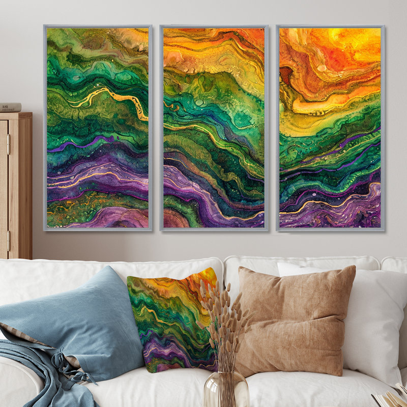 Rainbow Stone Structure Waves - ensemble d'impression d'art mural en marbre, Encadrement argenté, H 32 po x l 48 po x P 1 po