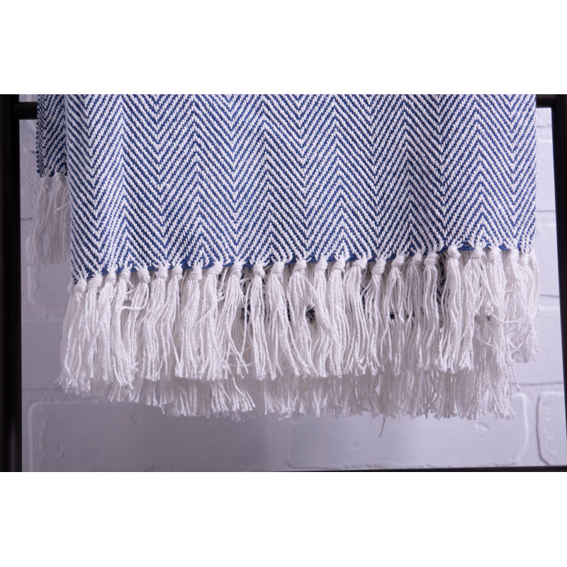 Mint and White Cotton Striped Throw Blanket with Fringe