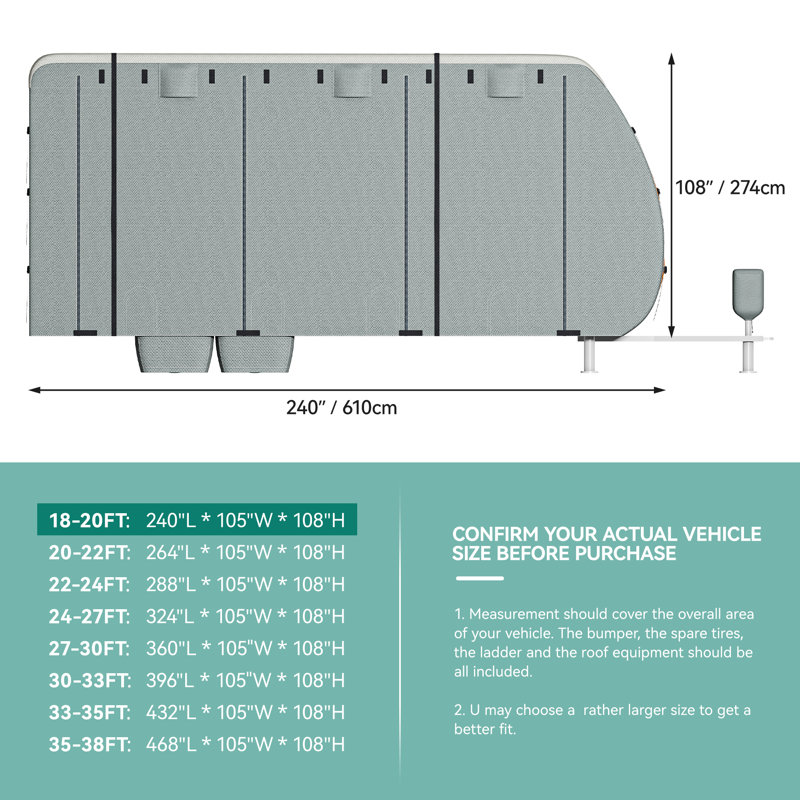 Housse de fermeture à glissière pour véhicule récréatif, H 108 po x l 240 po x P 105 po