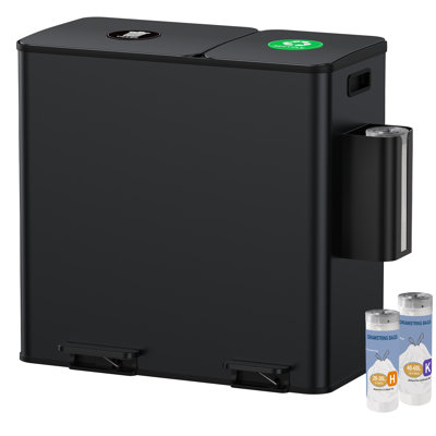 Dual Trash and Recycling Bins for Kitchen, 13+8 Gal Dual Trash Can, Stainless Steel, Soft Close Lid Large Garbage Can, 2 Magnets Sticker, Comes with bin Bags and a storage box for Families Home 50 + 30 L Trash Can, Black