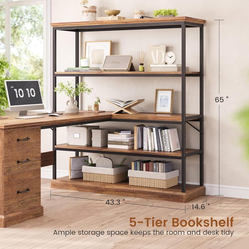 57.1" L Shaped Computer Desk with Storage, Brown