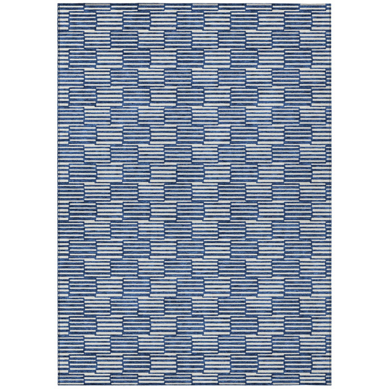 Tapis extérieur lavable à motif géométrique bleu marine et ivoire 3 pi x 5 pi