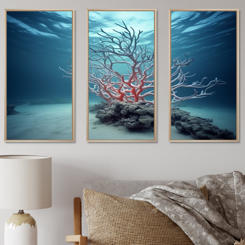 «Pink Branching Coral Serenity - Coastal Coral Under Water», ensemble d'art sur toile, Cadre naturel flottant