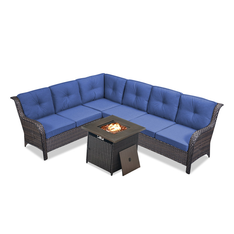 Benigni 139'' Wide Outdoor Wicker L-Shaped Patio Sectional with Fire Pit with Cushions, Blue, Brown