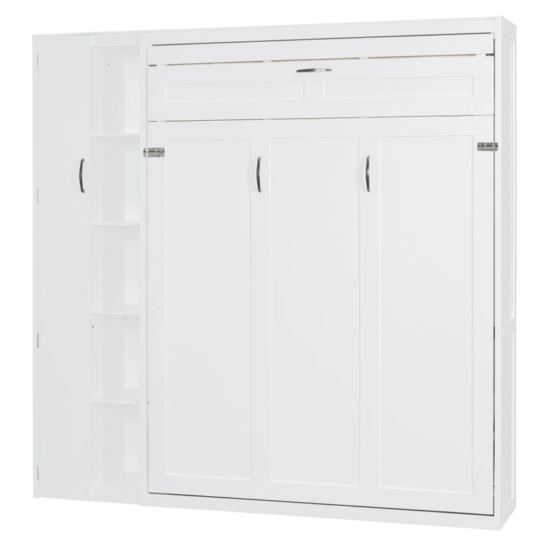 Lit escamotable en bois Akin avec tablettes, garde-robe et lumières DEL, Blanc