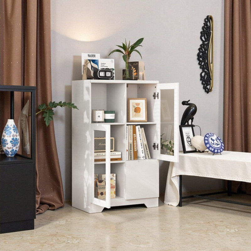 White MDF Cabinet with Glass Doors & Drawer - Adjustable Shelves, Open Storage - Bedroom, Living Room Entryway Buffet, White