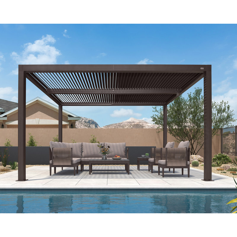 Pergola à persiennes 13 pi L 10 pi. D Pergola d'extérieur en aluminium avec toit réglable, Brun