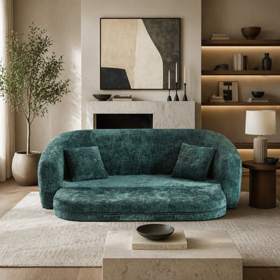 Canapé-lit inclinable incurvé convertible de 87 pouces, canapé-lit 2 en 1 escamotable, avec base coulissante et siège profond, comprend deux coussins, fauteuil inclinable en chenille, sans assemblage requis, vert