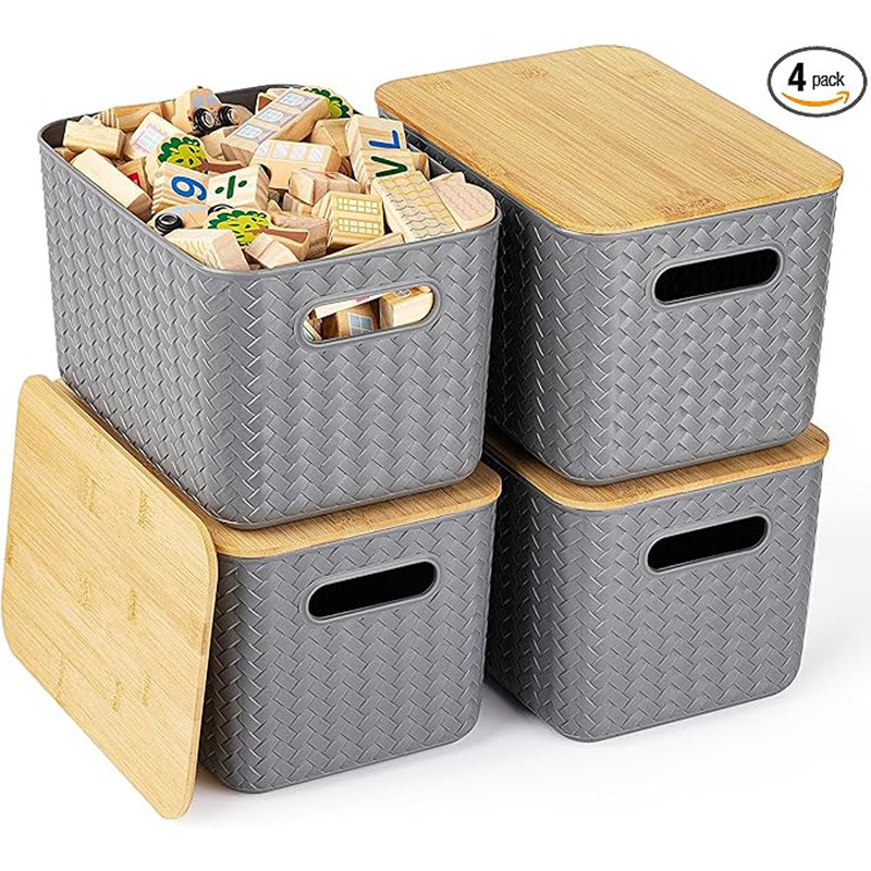 4 Packs Storage Bins With Bamboo Lids - Plastic Storage Containers With Lids Stackable Storage Box:storage Baskets For Organizing Desktop Closet Playroom Classroom Office,gray