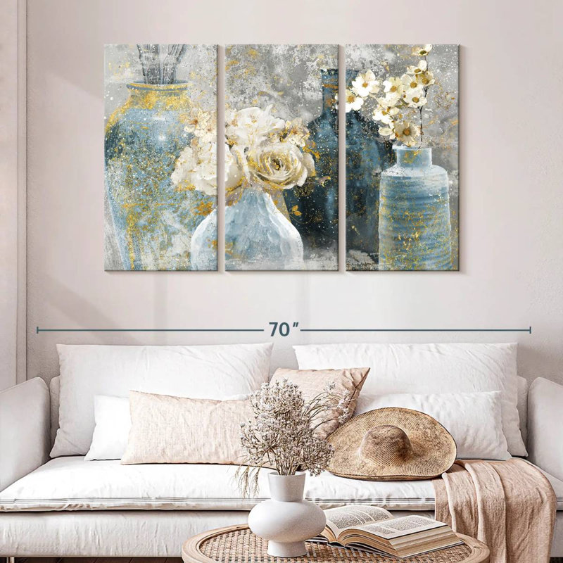 Harnek Vessels And Blooms Blues, 32" H x 50" W