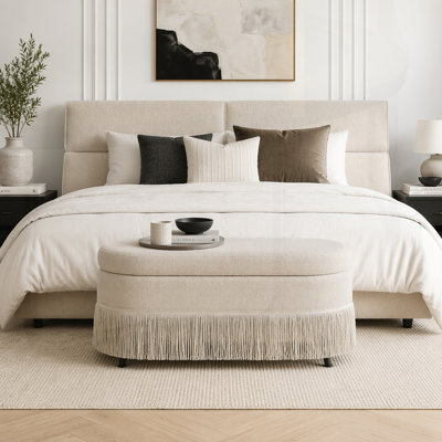 Repose-pieds ovale rembourré avec rangement à franges et couvercle relevable - Repose-pieds multifonctionnel et rangement caché pour le salon ou la chambre à coucher