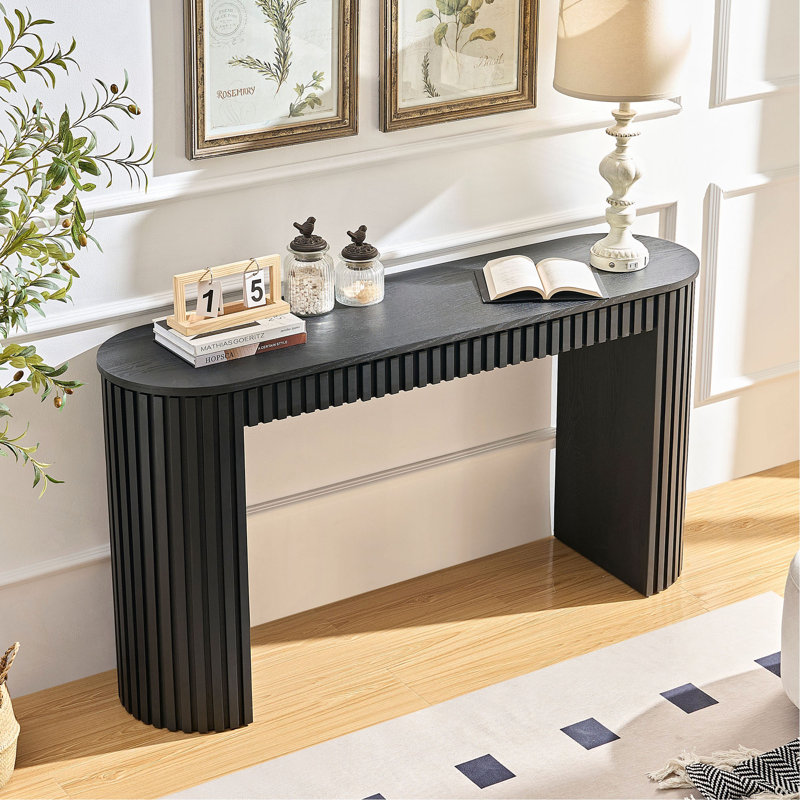 Console moderne avec tiroir et conception unique à rayures verticales, derrière le canapé, Noir