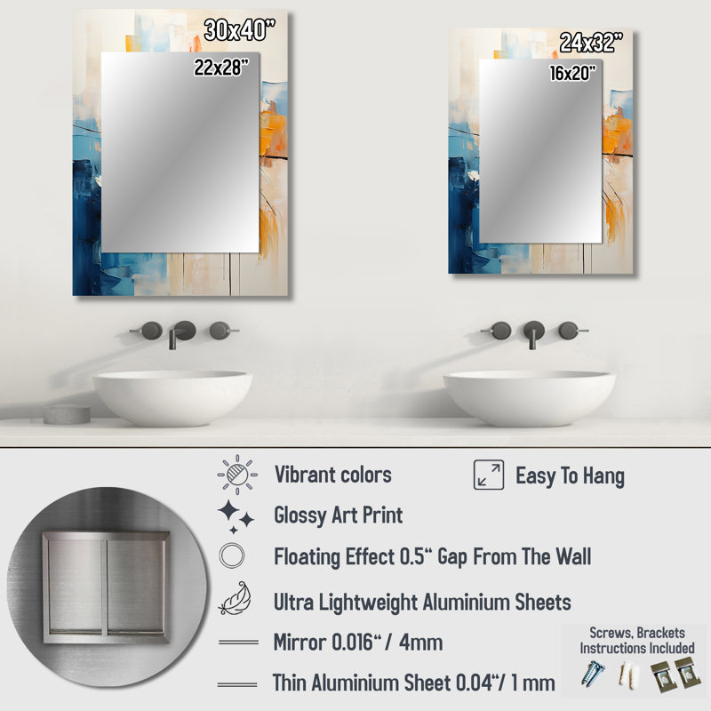 Papier Euphoria I - grand miroir mural abstrait, miroir décoratif orange, impression d'art en métal, 32 po x 24 po