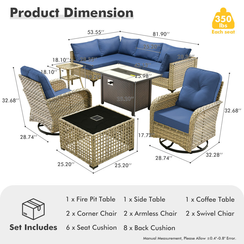 Ensemble de conversation modulaire en osier pour 6 personnes avec table basse lumineuse et chaises pivotantes, ensemble de conversation modulaire en rotin toutes saisons avec coussins Emroy