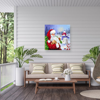Jean Francois Santa With Sleepy Puppy & Snowman Outdoor  Canvas
