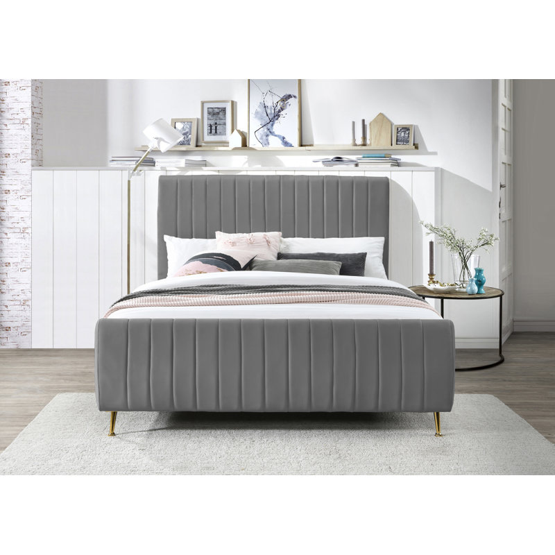 Tufted Upholstered Low Profile Platform Bed, King, Grey Velvet